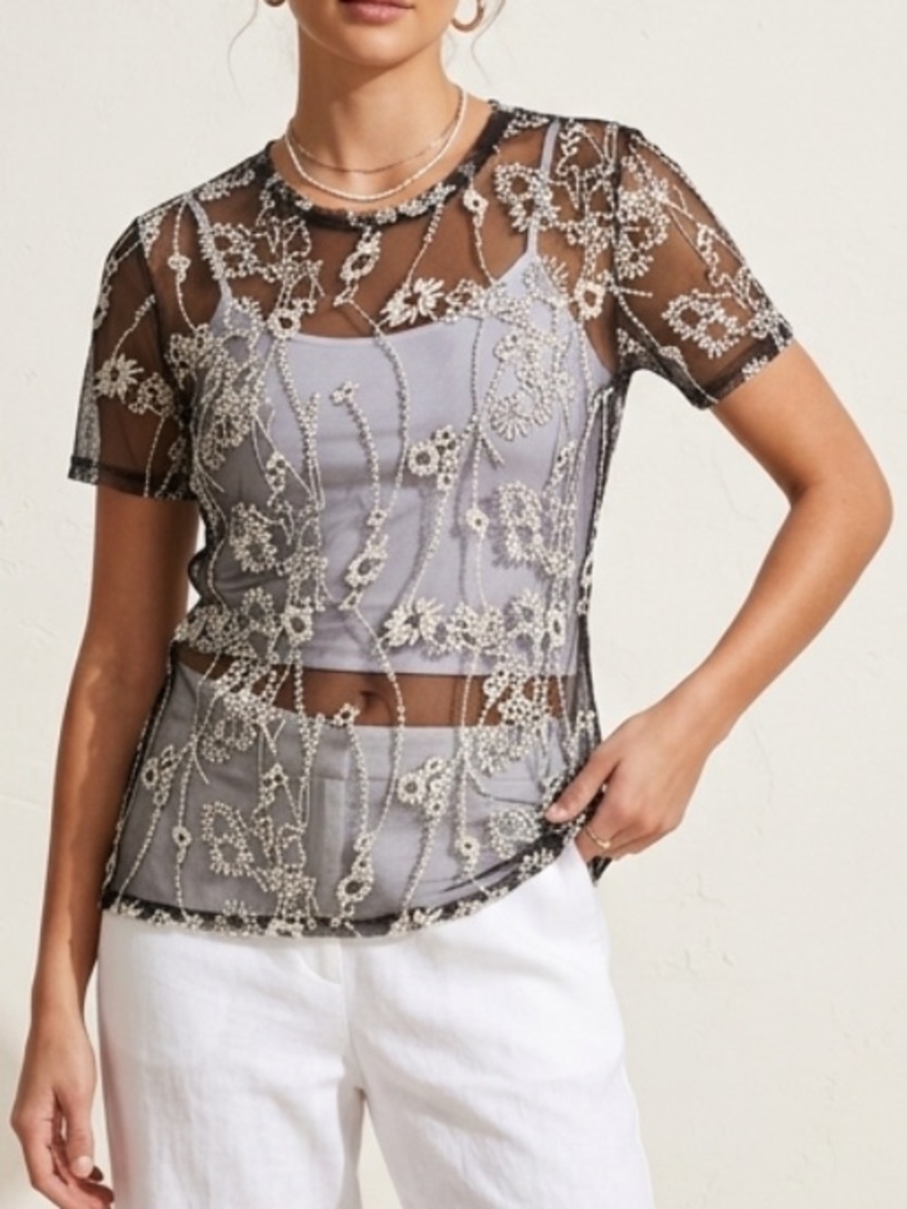 Karen Kane Women’s L Sheer Mesh Black/Cream Embroidered Short Sleeve Top Boho